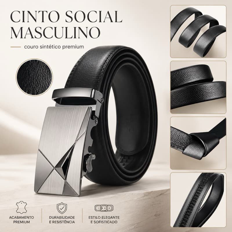 Cinto Social Masculino em Couro Sintético Luxo Catraca Reforçada Fecho Automático