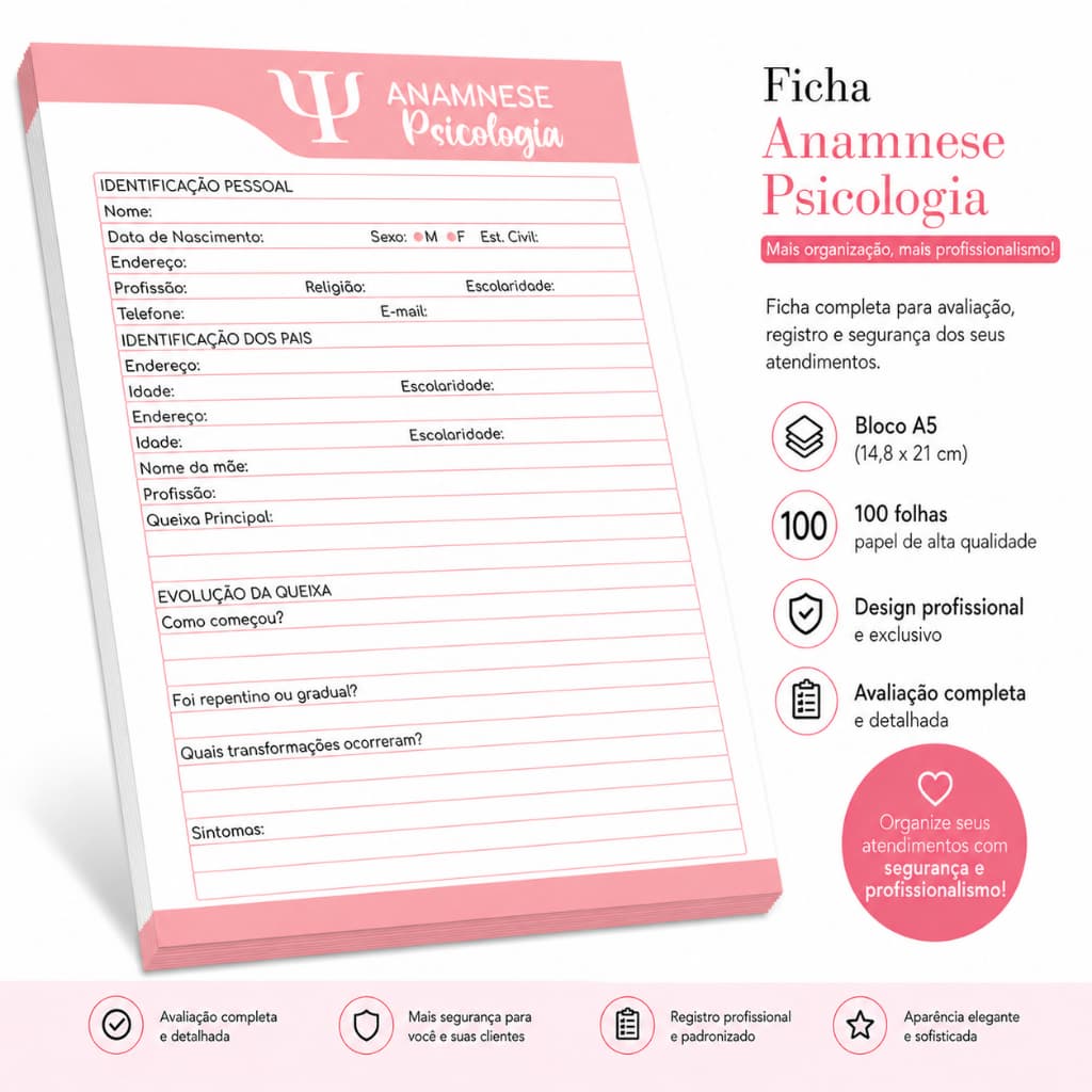 Bloco de Anamnese Psicologia - Ficha de Anamnese (100 folhas)