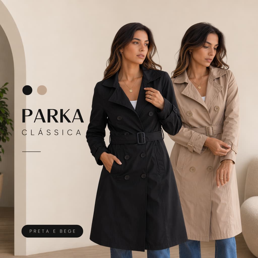 Parka Feminina Alongada Forrada Casaco Sobretudo Trench Coat com Cinto