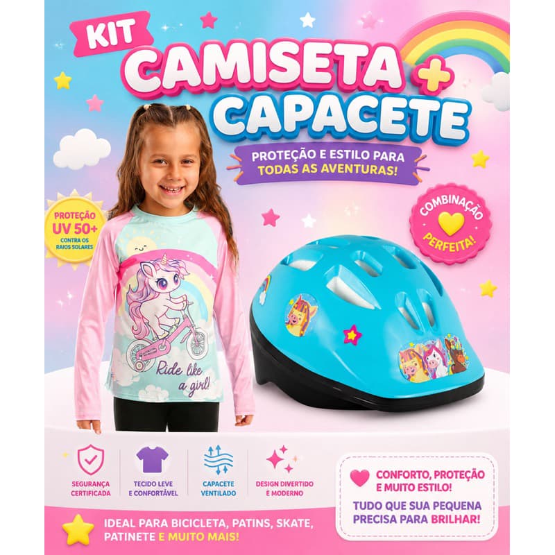 Kit Infantil Unicórnio – Camiseta UV 50+ Manga Longa + Capacete Infantil para Bicicleta | Proteção e Segurança