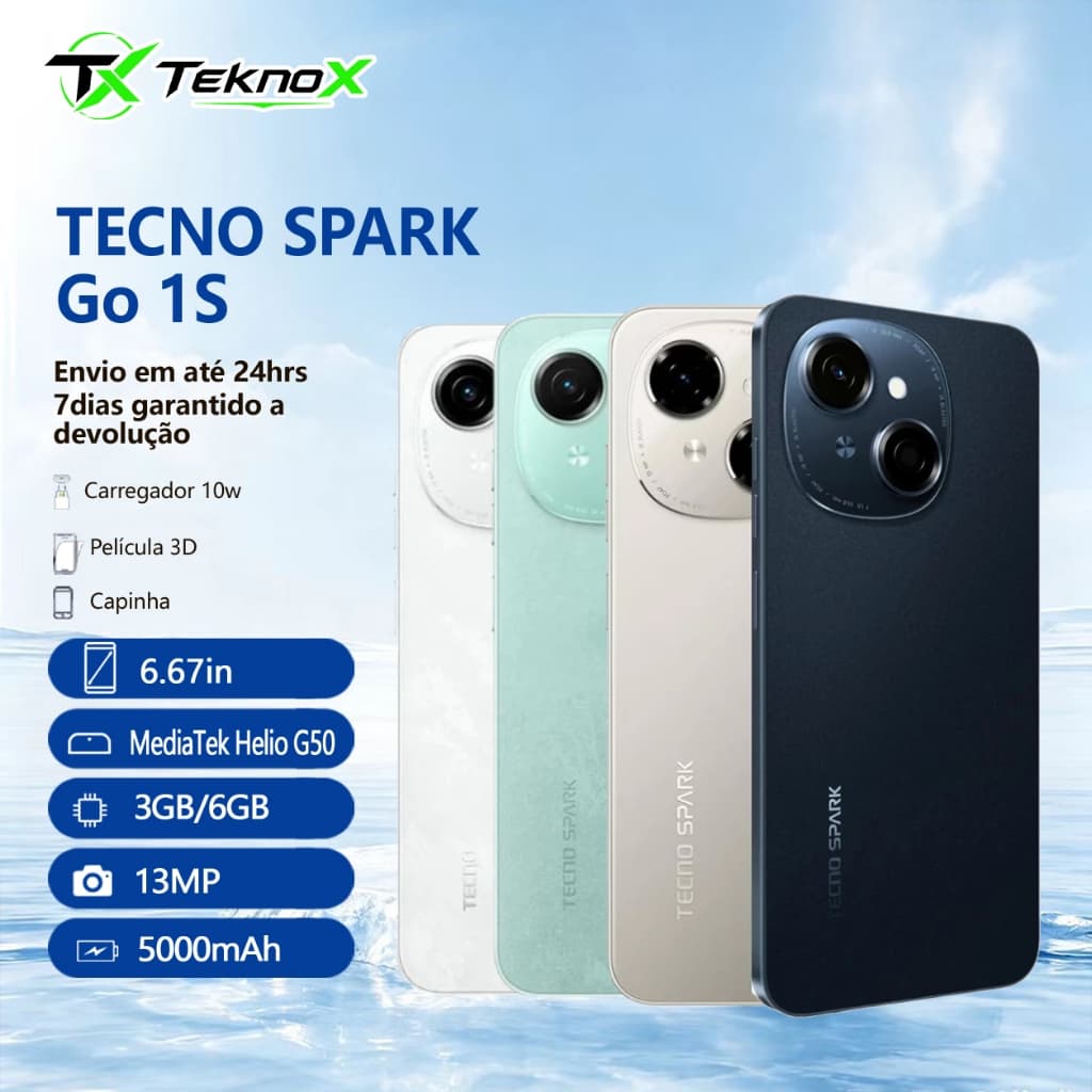 Tecno Spark Go 1S 4G, Modelo 2026, e Spark Go 1, 64GB e 3GB RAM, Bateria 5000MAH, VERSÃO GLOBAL, NOVO/LACRADO