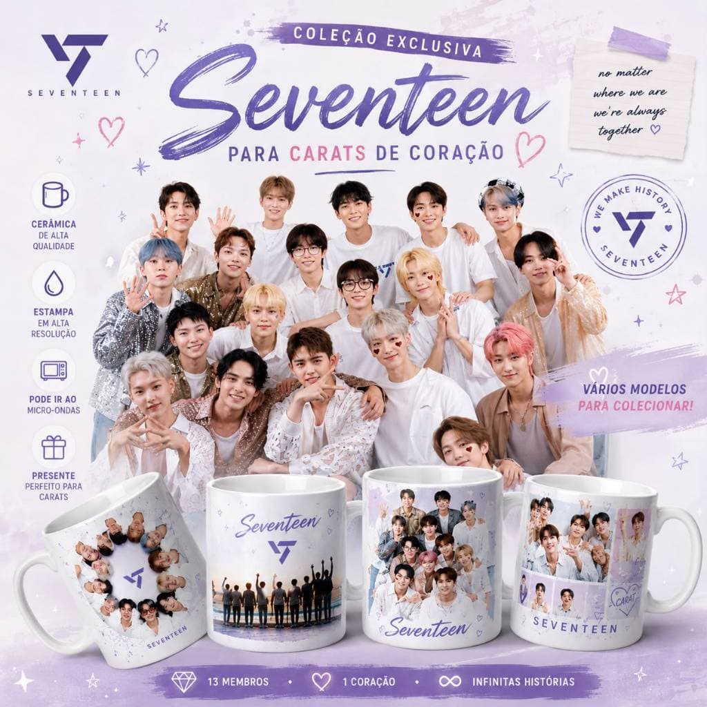 Caneca Seventeen K-Pop 325ml em Cerâmica | Coleção com Vários Modelos para Fãs e Colecionadores