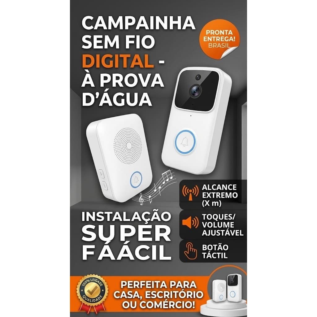 Campainha Sem Fio Autoalimentada IP44 Sem Bateria Alcance 150m 38 Sons Volume Regulável Bivolt