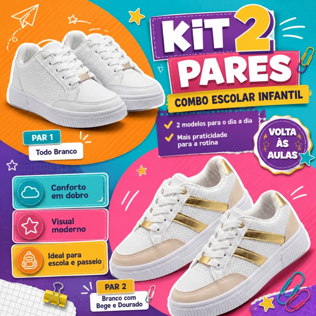 kit 2 pares tenis moda infantil menino menina leve macio confortavel dia a dia
