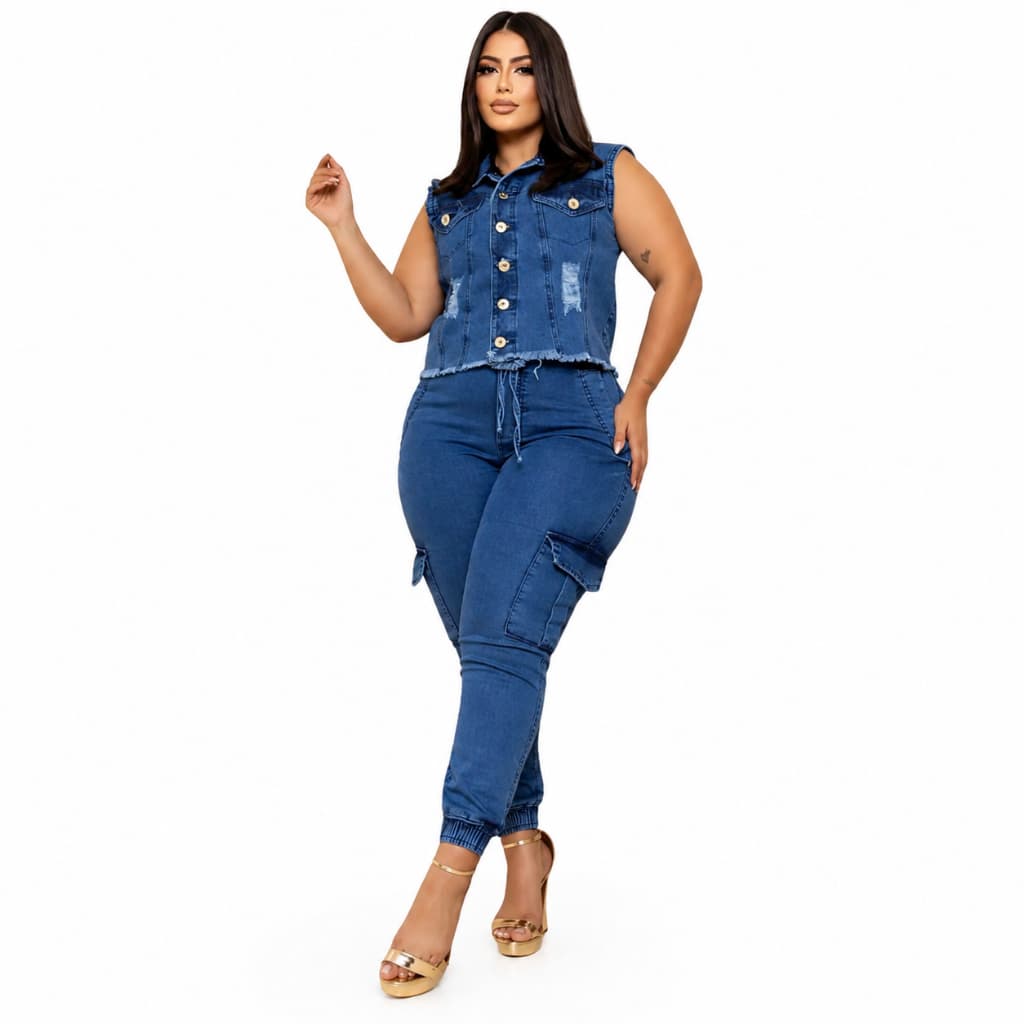 Kit Conjunto Jeans Feminino Plus Size Colete e Calça Jogger Cargo Moda Casual Tamanho Especial