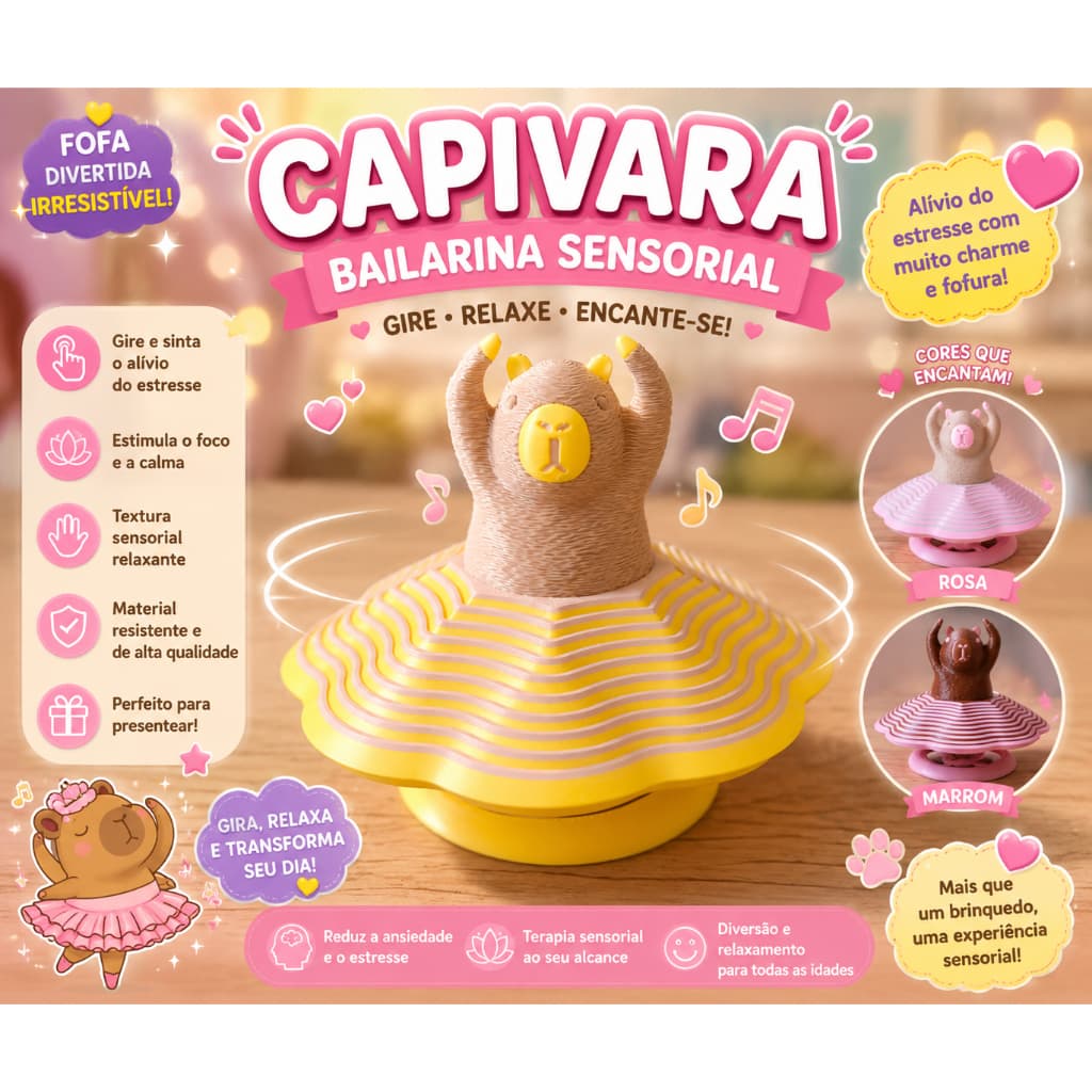 Capivara Bailarina Sensorial Antiestresse | Brinquedo Fidget Giratório | Alívio da Ansiedade | Impressão 3D