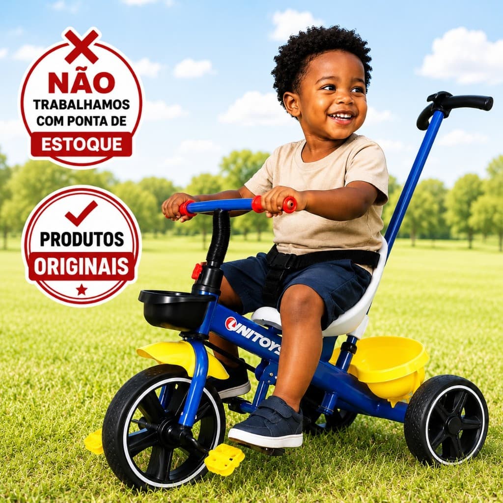 Triciclo Infantil Empurrador, Cadeirinha, Cinto de Segurança e Cesto Porta Objetos Azul