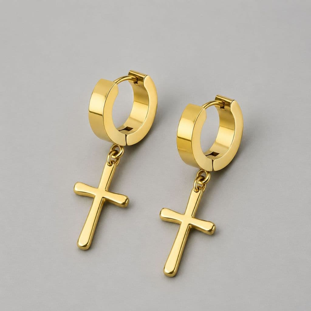 Par de Brincos Argola Pingente Cruz Aço Inoxidável 316L Dourado Unissex Banhado a Ouro