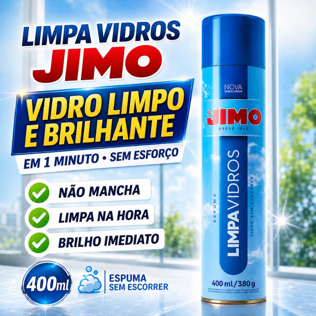 Limpa Vidros Jimo Spray Aerossol 400ml Espelhos Box Banheiro Acrílico Brilho