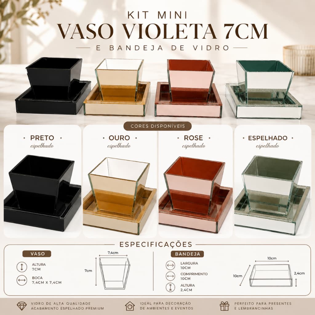 Kit Mini vasos de decorativo violeta 7cm + bandeja de vidro cores decoração festa casa  escritório
