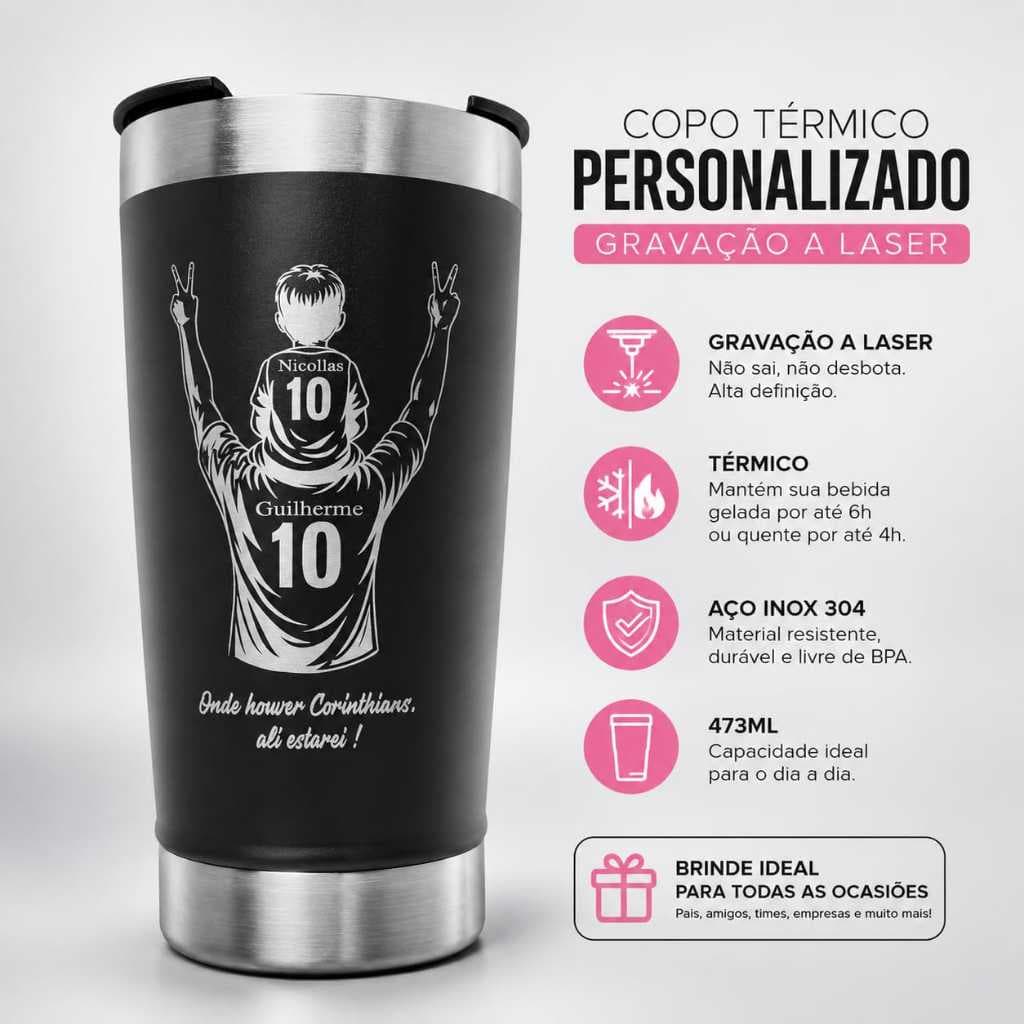 Copo Térmico Personalizado gravação a Laser Dia Dos Pais 2026 Nomes, Time , Frase, Copo para Cerveja com tampa e abridor