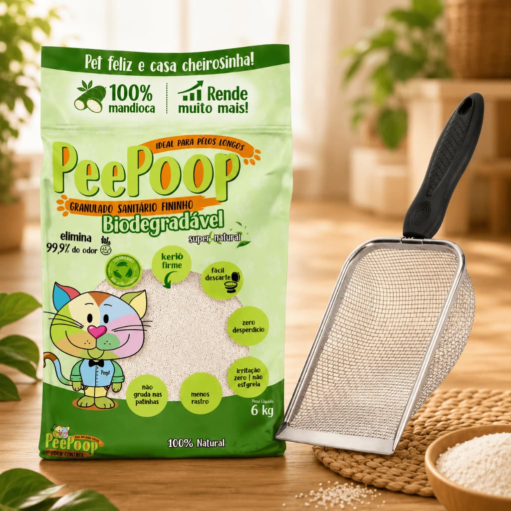 Areia Higiênica Até 6Kg e Pá de Aço Inox, Biodegradável de Mandioca , Grãos Finos PeePoop Pra Gato e Caixa de Areia