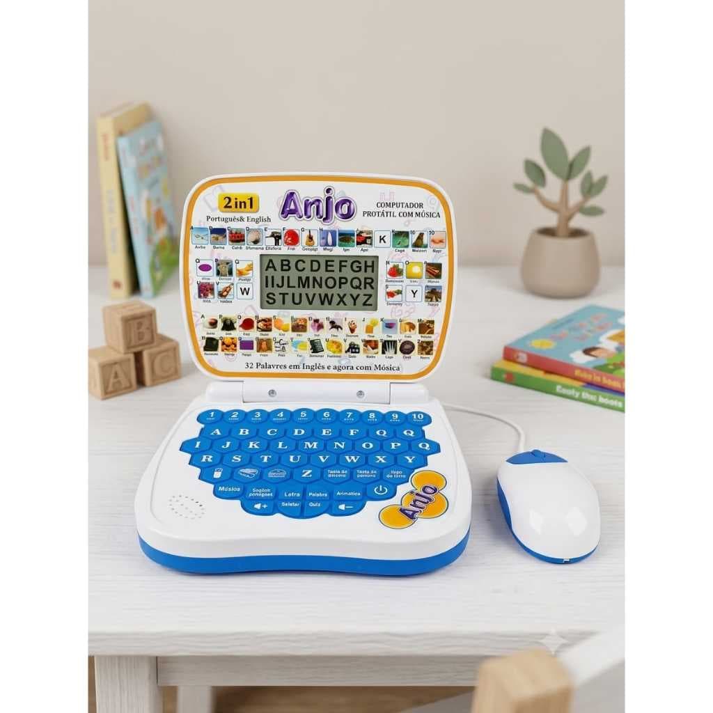 Laptop Infantil Educativo Bilíngue Português e Inglês com Música + Mouse Aprenda Brincando - Brinquedo Educacional