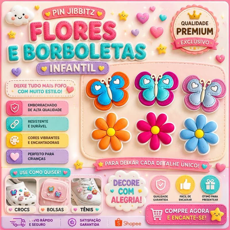 Kit Charm Pin Babuche Fofo Borboletas e Flor 6 und
