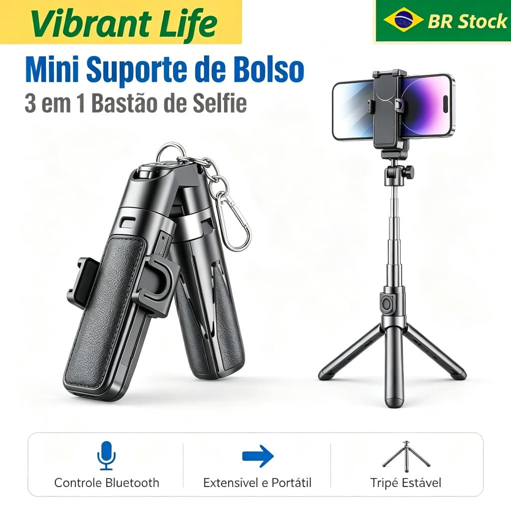 Selfie Stick 3 em 1 - Mini Portátil, Retrátil, Bluetooth, Suporte para Celular e Live