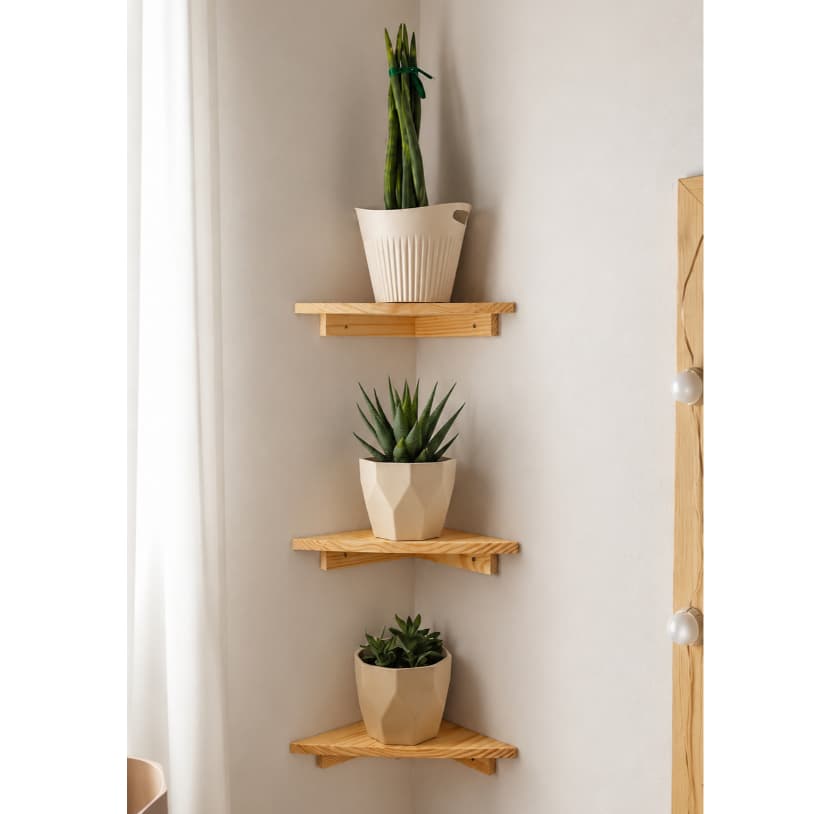Kit 3 Prateleiras de Canto Madeira Pinus Organizador para Plantas e Decoração da Casa
