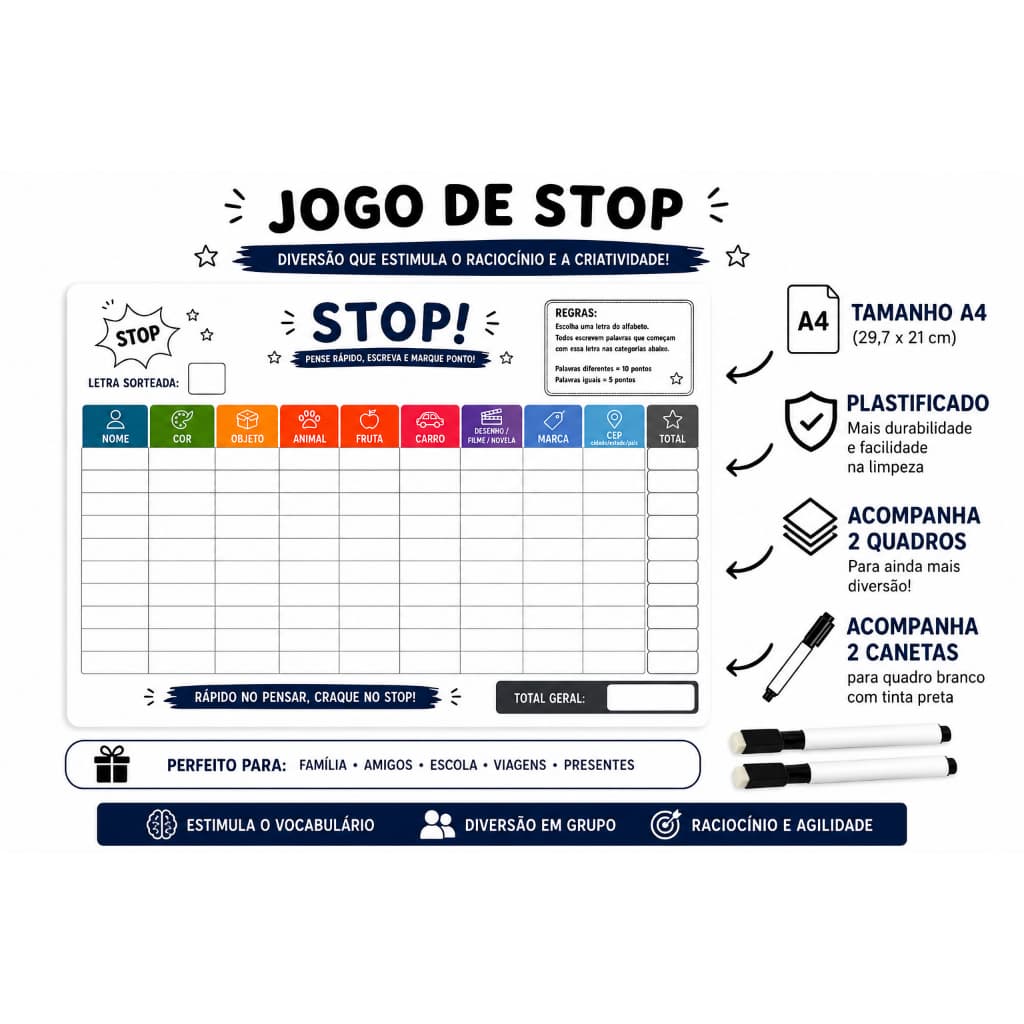 Kit de 2 ou 4 Quadros de Stop Jogo Adedanha com Caneta para Quadro Branco