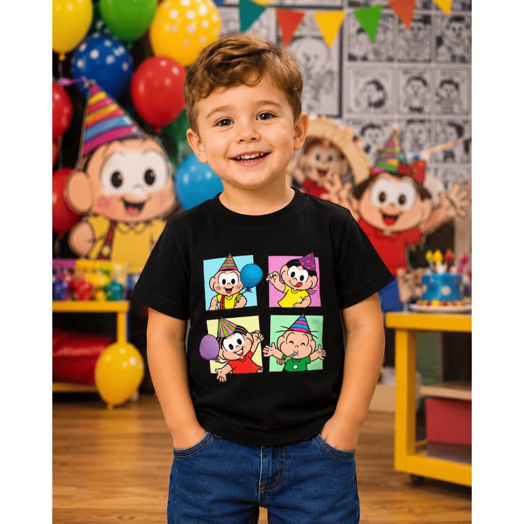 Camiseta Infantil Turma Festa Colorida Personagens Unissex Diversas Cores
