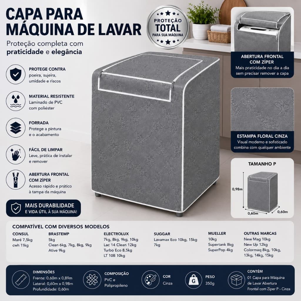 Capa Máquina de Lavar Impermeável Lavadora Com Zíper Universal Electrolux Brastemp Consul Suggar Mueller