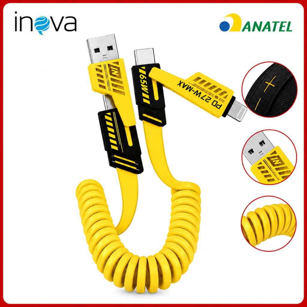 Cabo Carregador 4 Em 1 Espiral Retrátil Inova 65W USB C Lightning Para iPhone Android