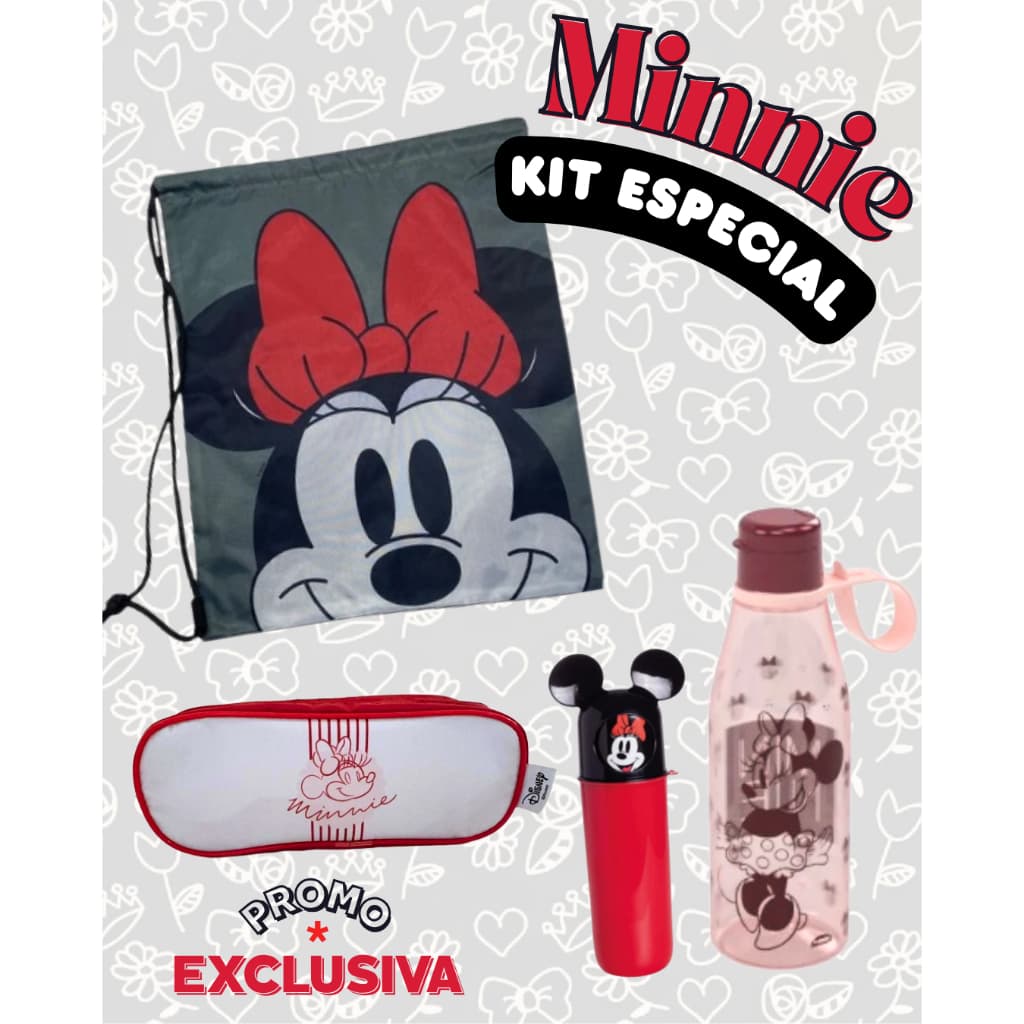 Kit Presente Minnie Disney 4 Peças | Sacochila + Garrafa + Estojo Duplo + Porta Escovas | Presente Infantil Oficial