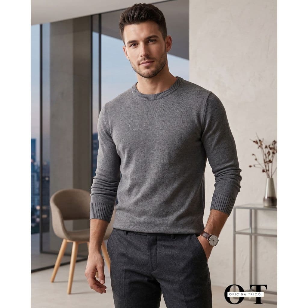 Suéter Masculino Tricot Blusa Manga Longa Canelada Elegante Gola Redonda Tricô Moda inverno