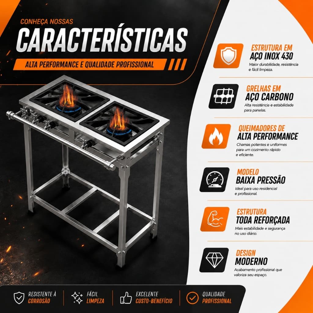 Fogão Industrial 2 Bocas 30x30 Perfil 5 Em Aço Inox Fi230x30