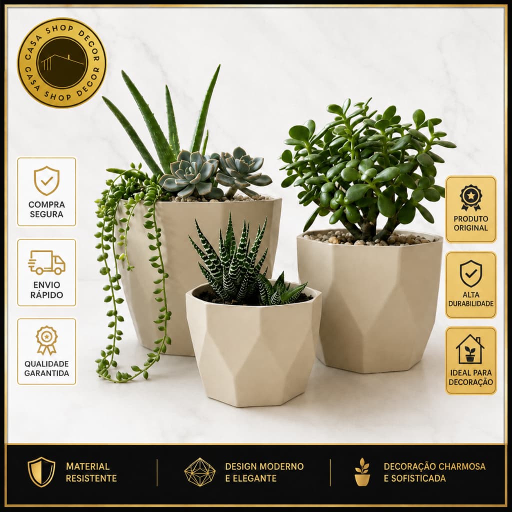 Kit 3 Vasos Para Plantas Cachepô Liso Injetado Decorativo Sala Jardim Suculentas Cactos Mesa Luxo