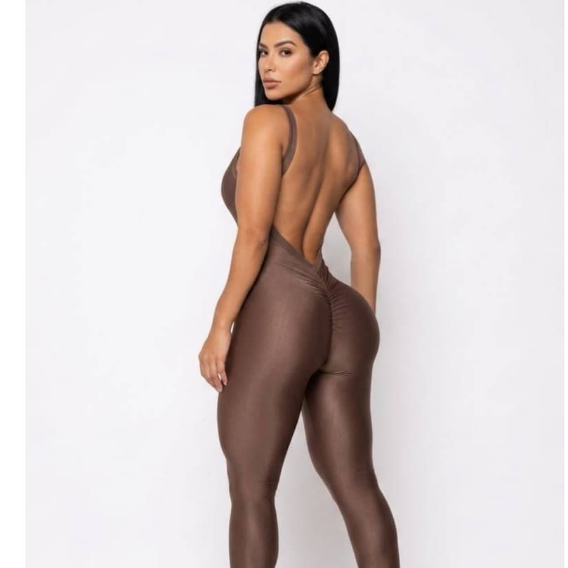 Macacão Verão Feminino Longo Empina Bumbum Costa Nua Decote Treino Academia Roupa fitness  suplex