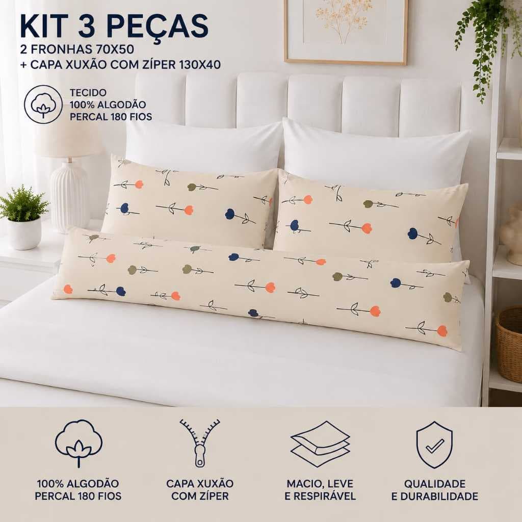 Kit Fronha Xuxão + 02 Fronhas 70 x50, 100%Algodão Percal180 Fios, Capa Xuxão com zíper, Kit 03 Peças