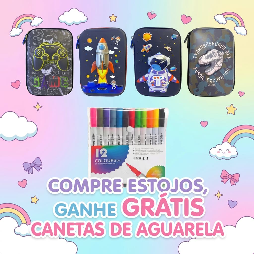 Kit Estojo 3D Infantil Escolar Menino Menina 3 Divisórias Organizador Grande + Brinde 12 Canetas Aquarela