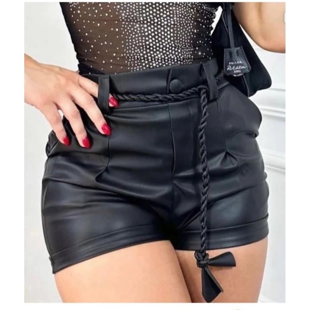Short Feminino Couro Courino Cinto De Cordão Amarração Social