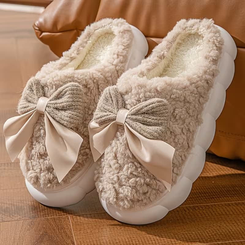 Chinelos de Inverno Castanho Claro Pelúcia com Laço TAM 37