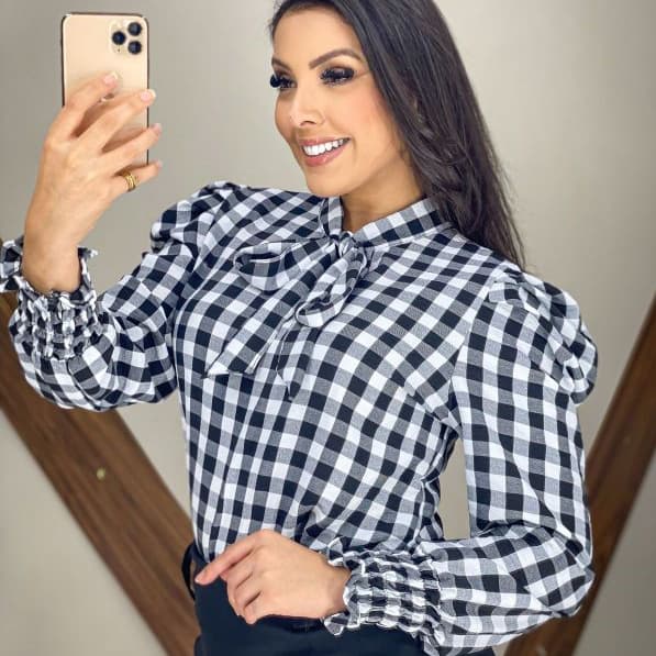 blusa xadrez 72, blusa manga longa xadrez, manga longa feminina, gola laço, punhos com elástico