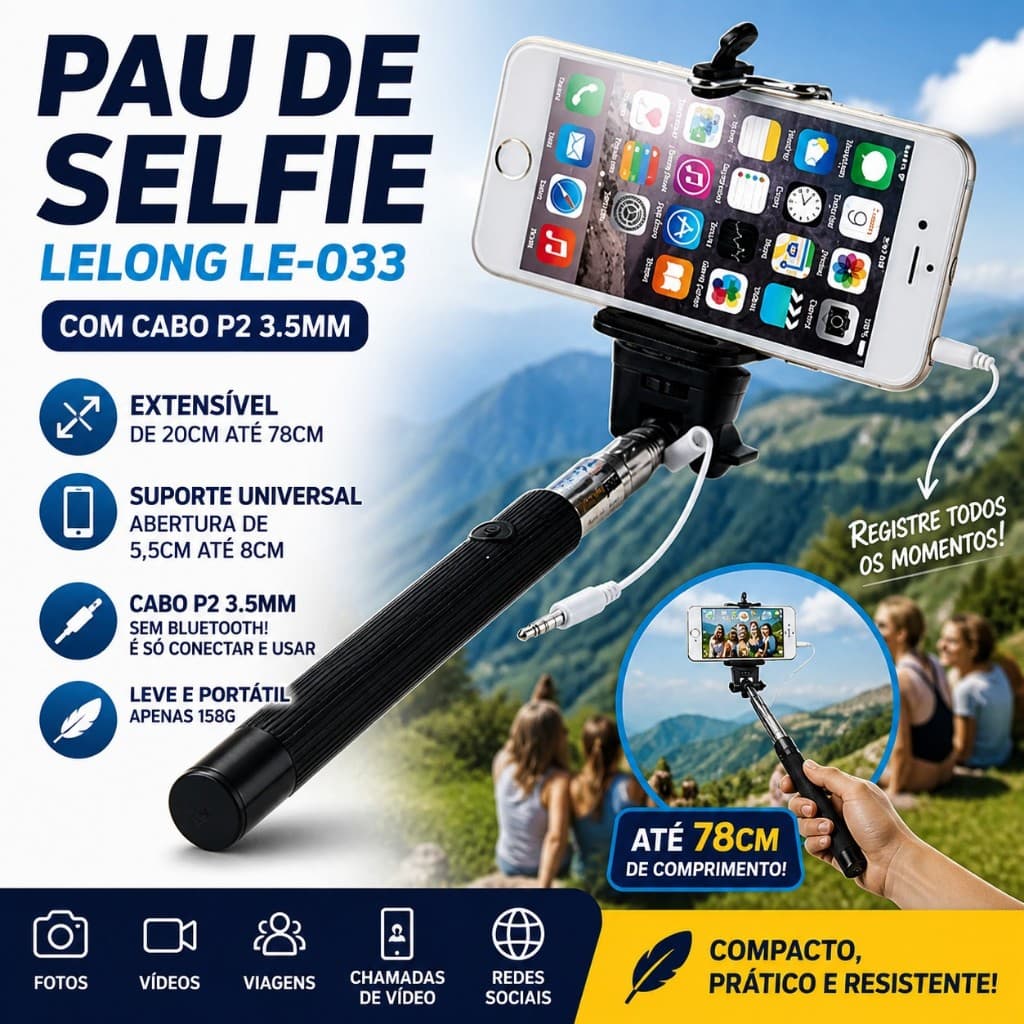 Pau de Selfie Bastão Monopod P2 Universal Extensível Lelong LE-033 para Celular - NOVO 30 dias pra chegar