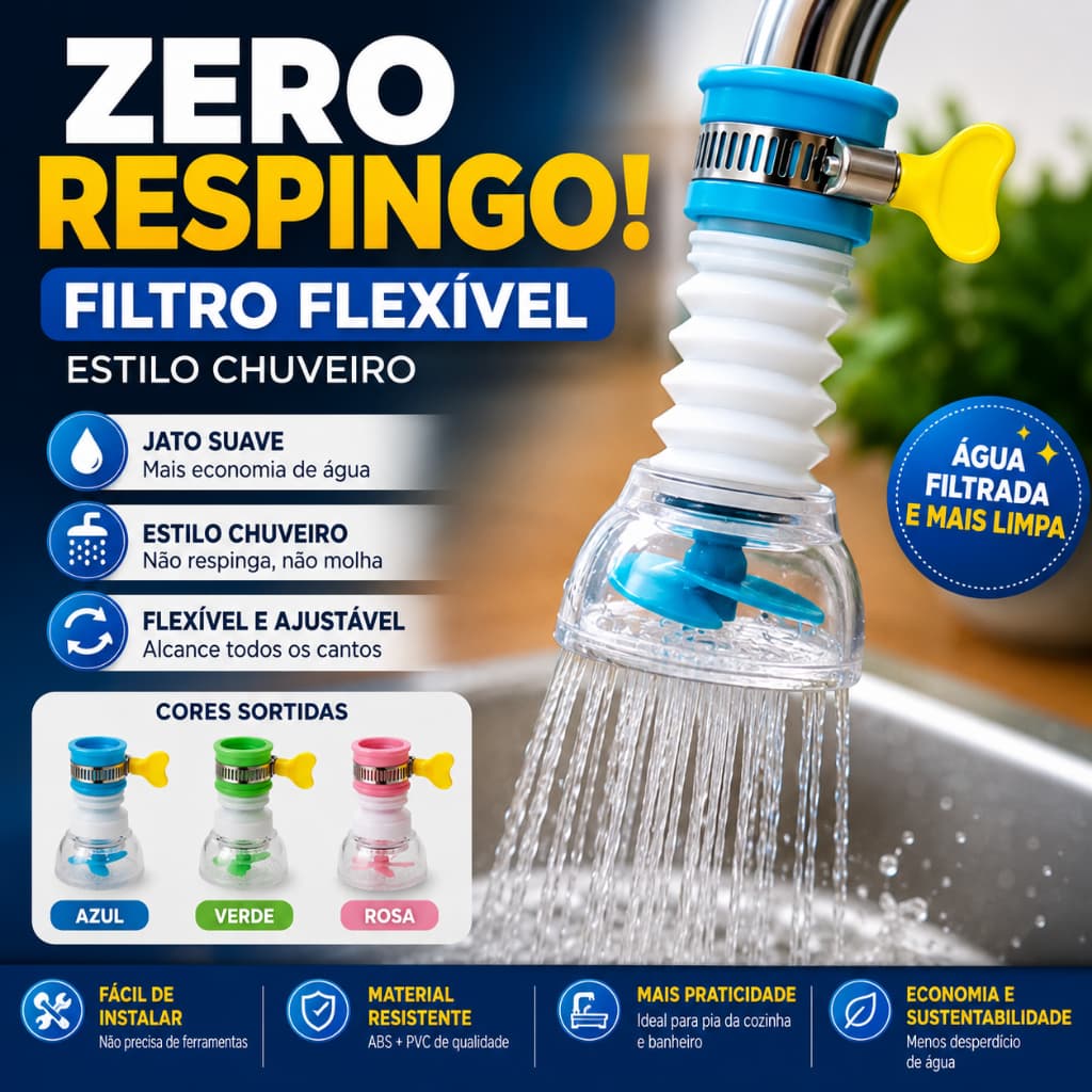 Filtro de Torneira Flexível Anti Respingo Estilo Chuveiro Bico Arejador Universal Cozinha Pia (Cores Sortidas)