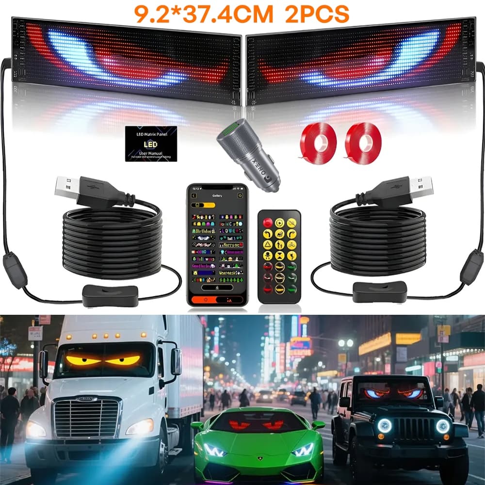 1-2 PCS Devils Eye LED Tela De Luz Pára-Brisa Carro USB Plug-in DIY Controle Aplicativo Rolagem Flexível Exibição 12*59
