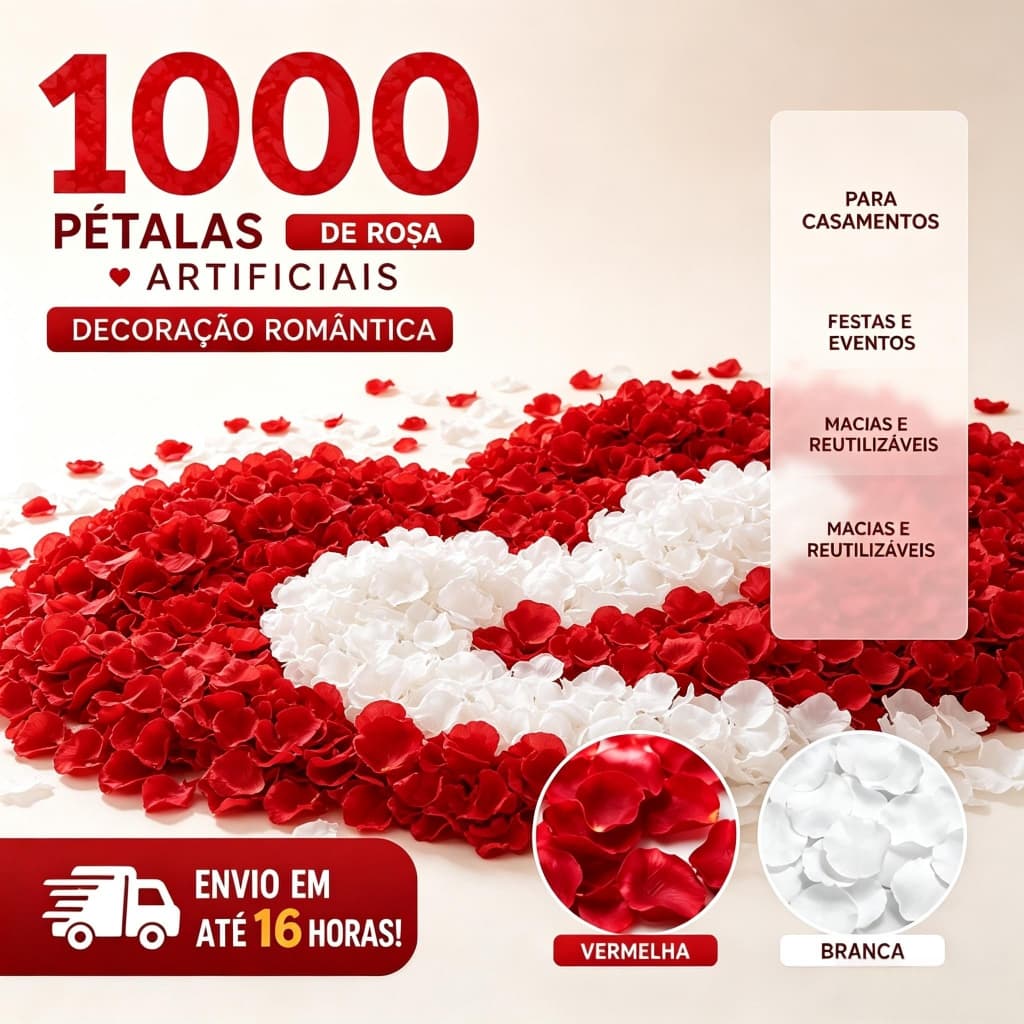 Kit 1000 Pétalas de Rosa Artificiais – Decoração Romântica para Casamento, Vermelha ou Branca S2