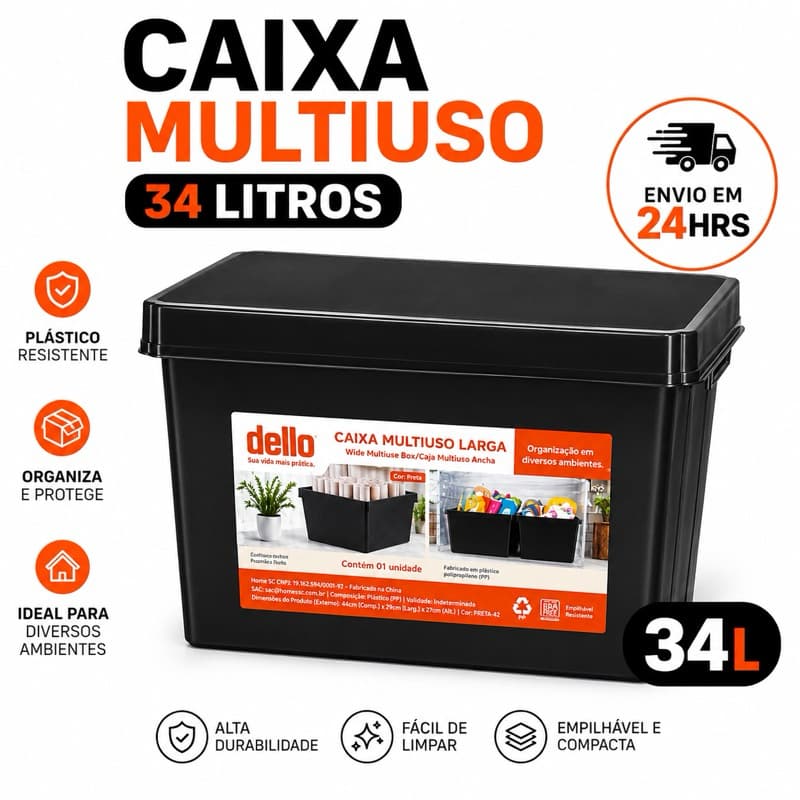 CAIXA ORGANIZADORA Plástica 34L 25L 21L Multiuso Escritório PRETA e TRANSPARENTE Entrega Rápida