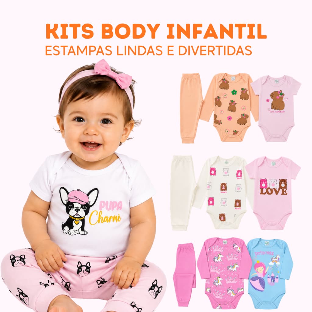 Kit Body Bebê Menina 6, 9, e 12 Peças Body Manga Curta Manga Longa Calça Mijão Algodão Enxoval Bebê