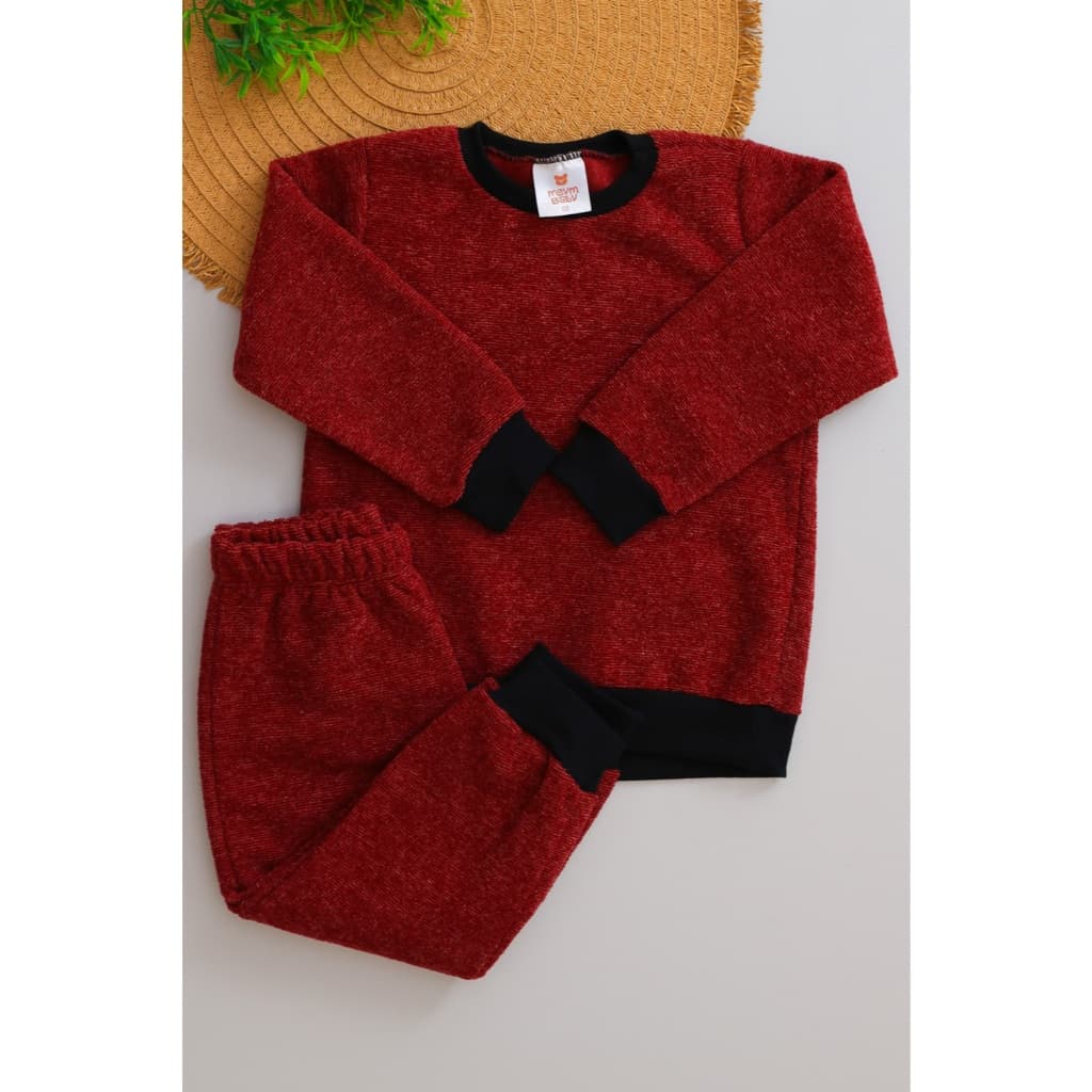 Conjunto de Bebê Inverno em Bouclé Bordo Rajado