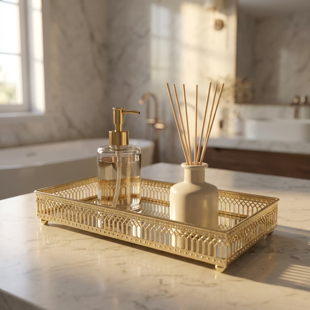 Bandeja Espelhada Para Decoração Retangular Dourada Luxo Italiana Sala Aparador Perfumes Banheiro Bar Bebidas Mesa 24cm