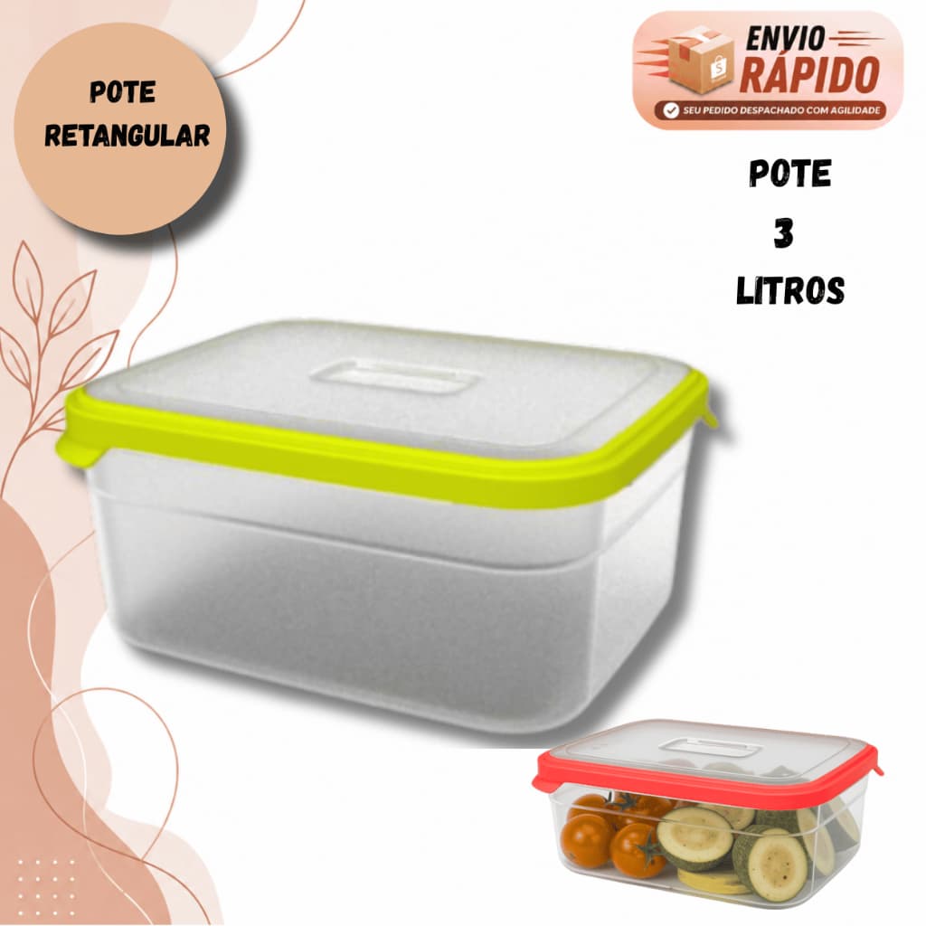 Pote Retangular Helsim 3 Litros Plástico Hermético Organizador Para Cozinha Geladeira Microondas Freezer e Marmita