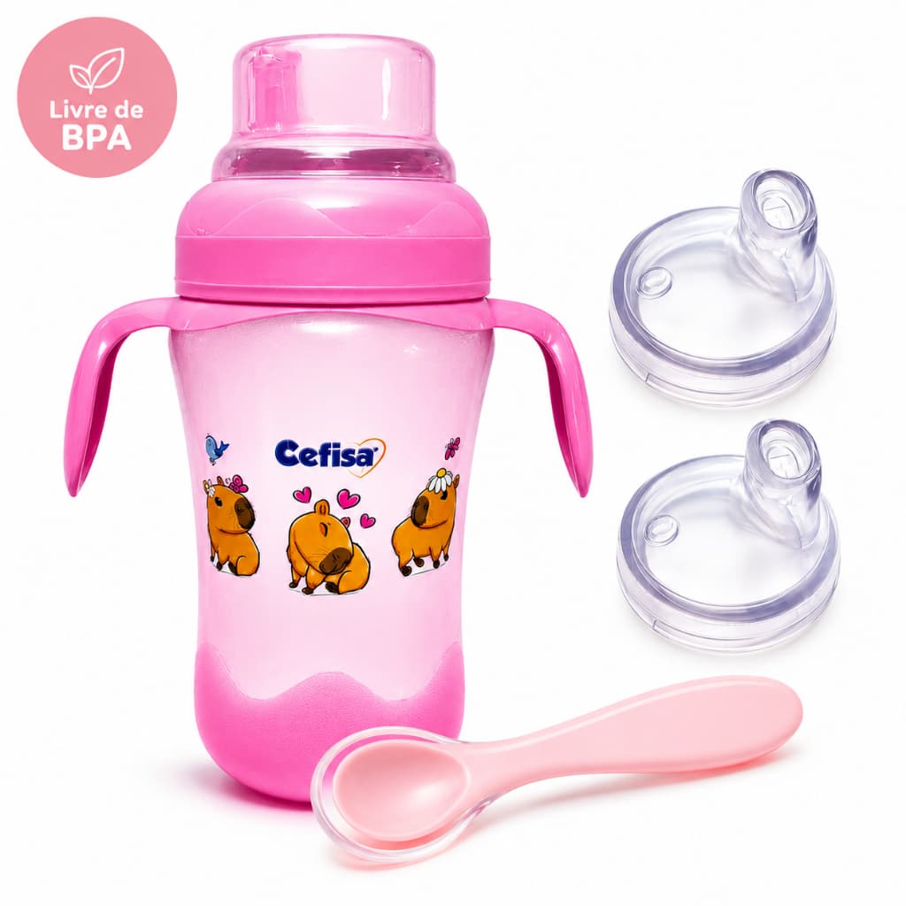 Copo Para Bebê 330ml + 2 Bico Refil + Colher de Silicone Super Macio