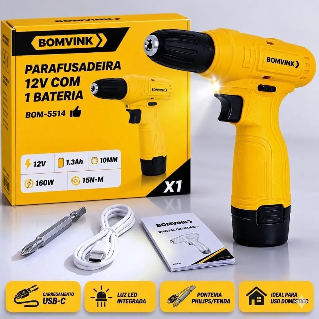 Parafusadeira Furadeira 12V Sem Fio Bomvink com 1 Baterias Bivolt