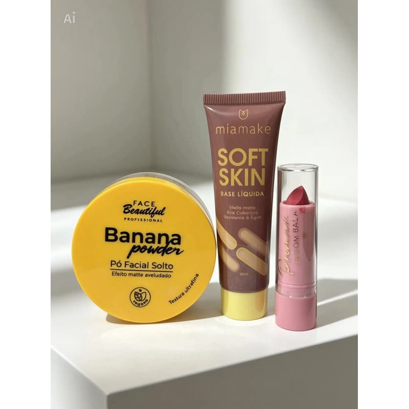 Kit Maquiagem Completa 03 itens Base Líquida Soft Skin + Pó Banana + Batom Matte Alta Cobertura