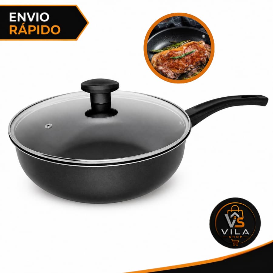 Frigideira Antiaderente Wok Preta Reforçada Firme e Resistente Com Tampa de Vidro