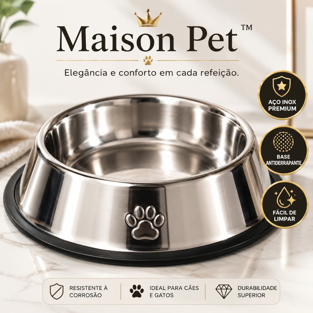 Pote Inox para Cachorro e Gato 30cm Antiderrapante Maison Pet™ Resistente e Fácil de Limpar