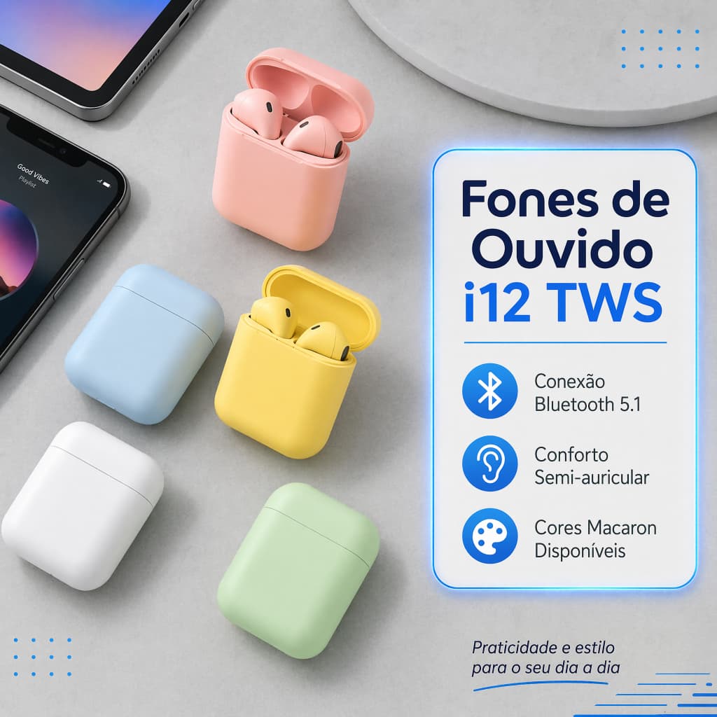 Fone de Ouvido Bluetooth 5.1 Sem Fio TWS i12 Pop-up Android iOS Com Estojo Colorido Macarono