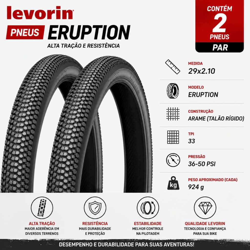 Par de Pneu Aro 29 balao cravo Levorin Eruption Banda Leve 2.1 mtb